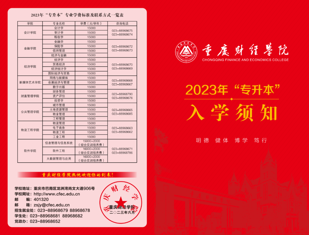 2023年重庆财经学院专升本入学须知